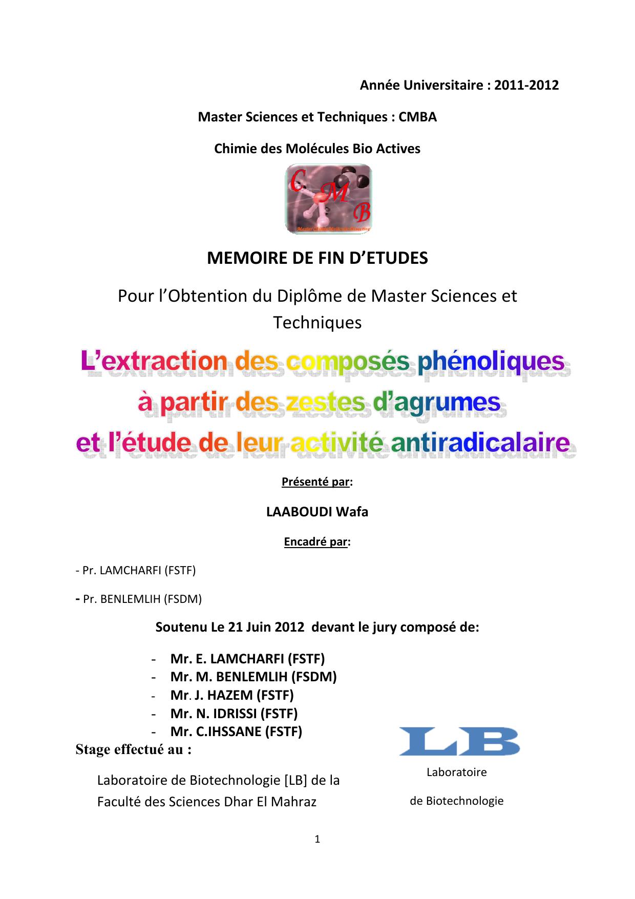 L’extraction des composés phénoliques à partir des zestes d'agrumes et l'étude de leur activité antiradicalaire