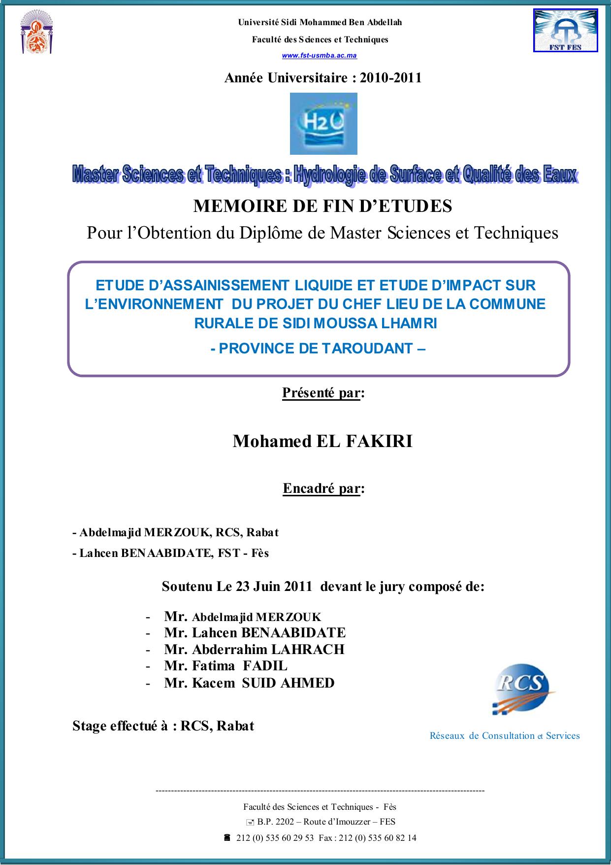 Etude d'assainissement liquide et étude d'impact sur l'environnement du projet du chef lieu de la commune rurale de Sidi Moussa Lhamri -Provaince de Taroudant-