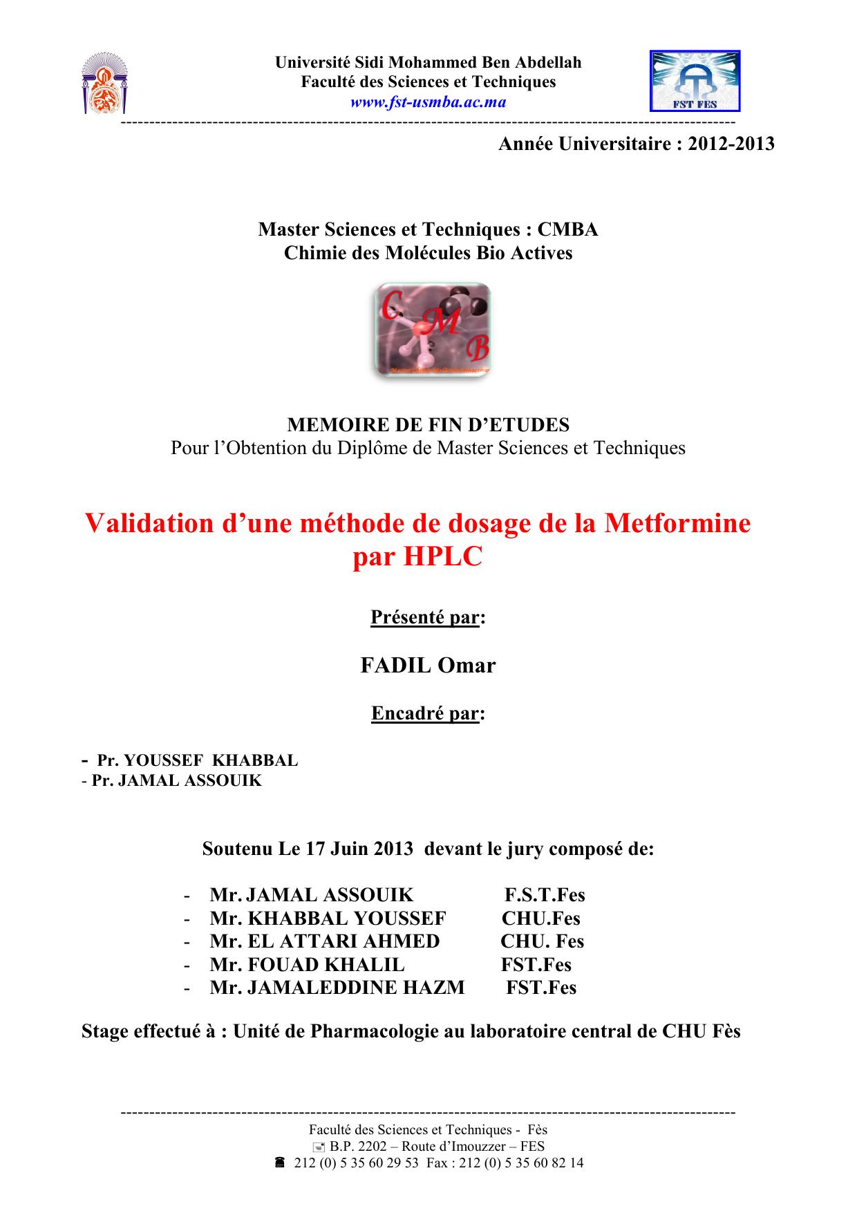 Validation d’une méthode de dosage de la Metformine par HPLC