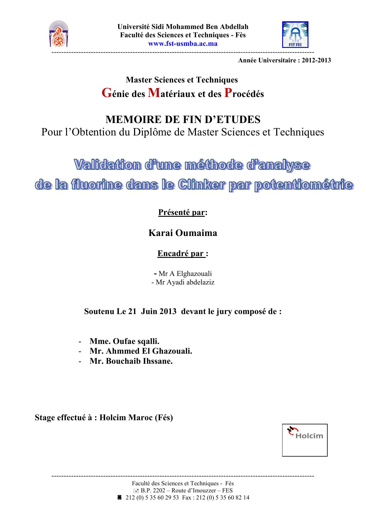 Validation d’une méthode d’analyse de la fluorine dans le clinker par potentiométrie