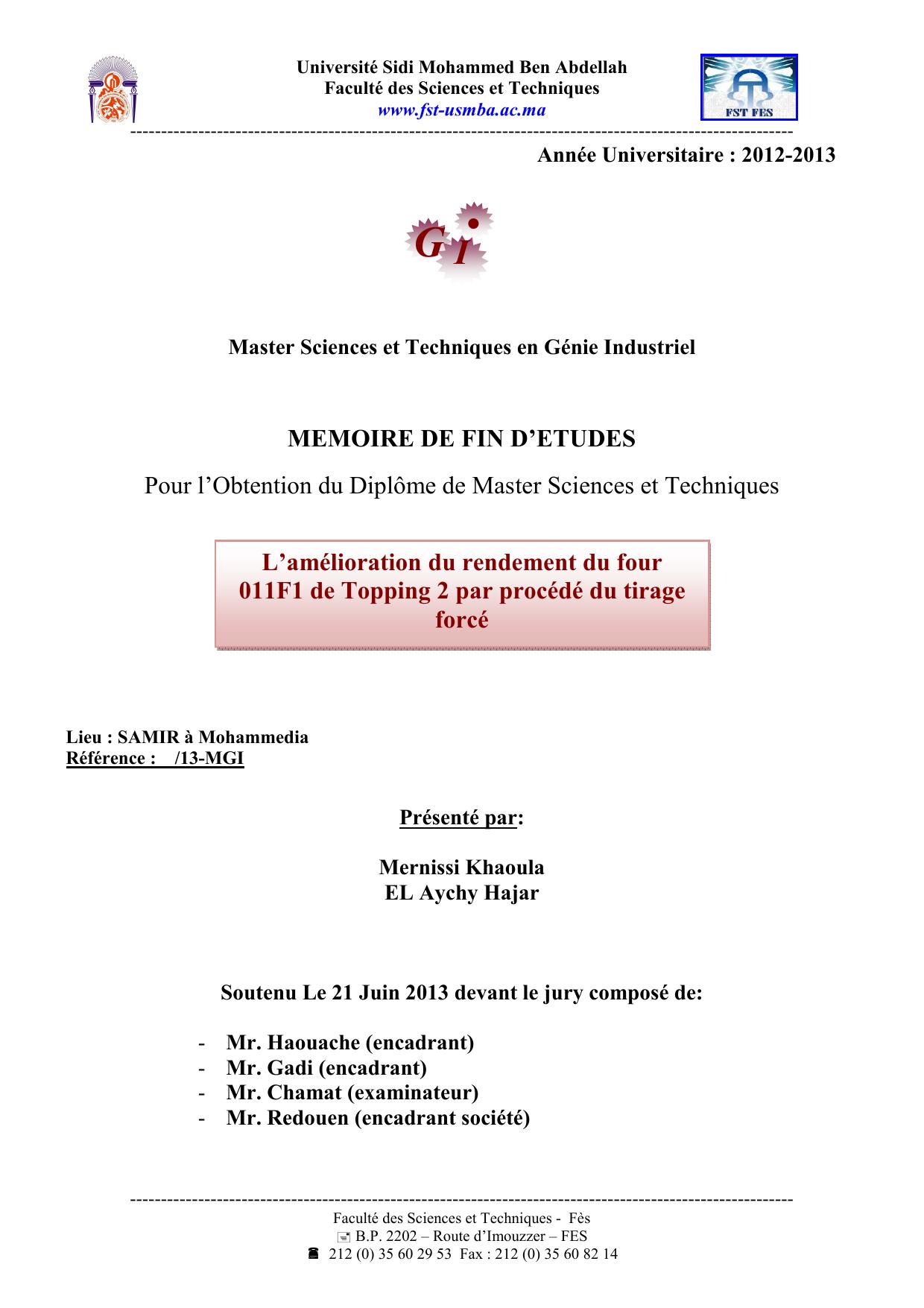 L’amélioration du rendement du four 011F1 de Topping 2 par procédé du tirage forcé