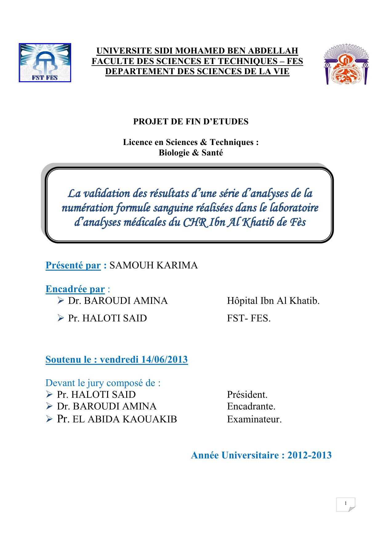 La validation des résultats d’une série d’analyses de la numération formule sanguine réalisées dans le laboratoire d’analyses médicales du CHR Ibn Al Khatib de Fès