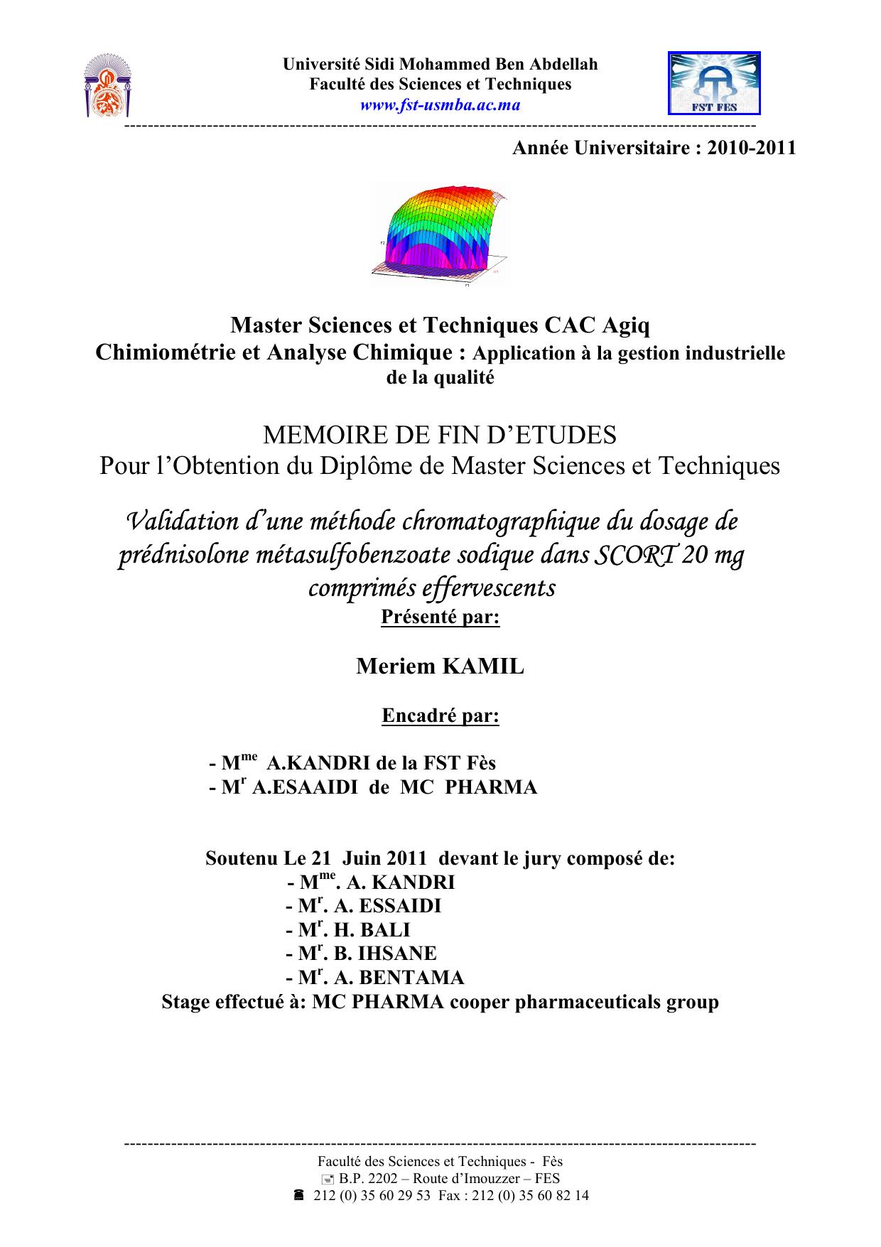 Validation d’une méthode chromatographique du dosage de prédnisolone métasulfobenzoate sodique dans SCORT 20 mg comprimés effervescents