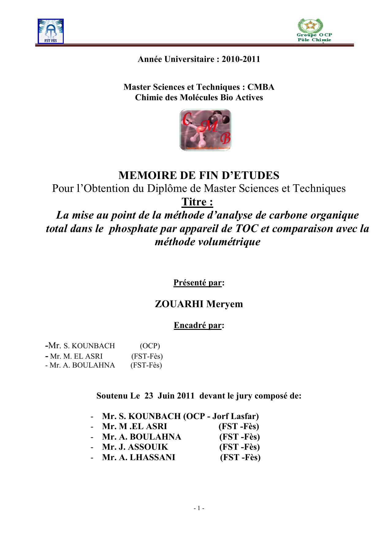 La mise au point de la méthode d’analyse de carbone organique total dans le phosphate par appareil de TOC et comparaison avec la méthode volumétrique