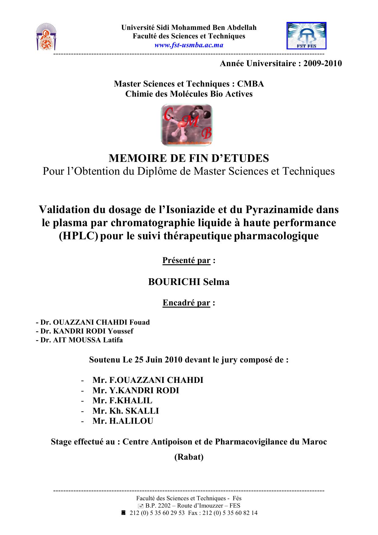 Validation du dosage de l’Isoniazide et du Pyrazinamide dans le plasma par chromatographie liquide à haute performance (HPLC) pour le suivi thérapeutique pharmacologique