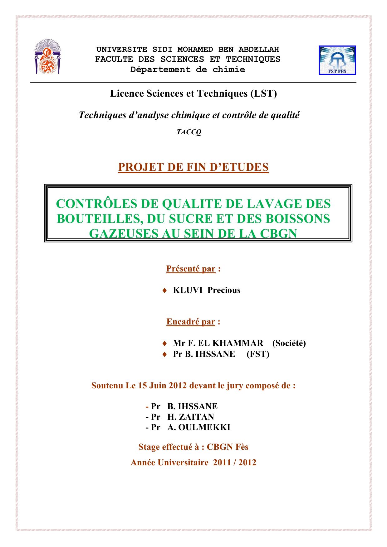 CONTRÔLES DE QUALITE DE LAVAGE DES BOUTEILLES, DU SUCRE ET DES BOISSONS GAZEUSES AU SEIN DE LA CBGN