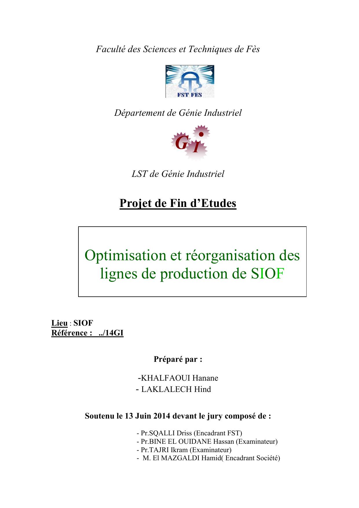 Optimisation et réorganisation des lignes de production de SIOF
