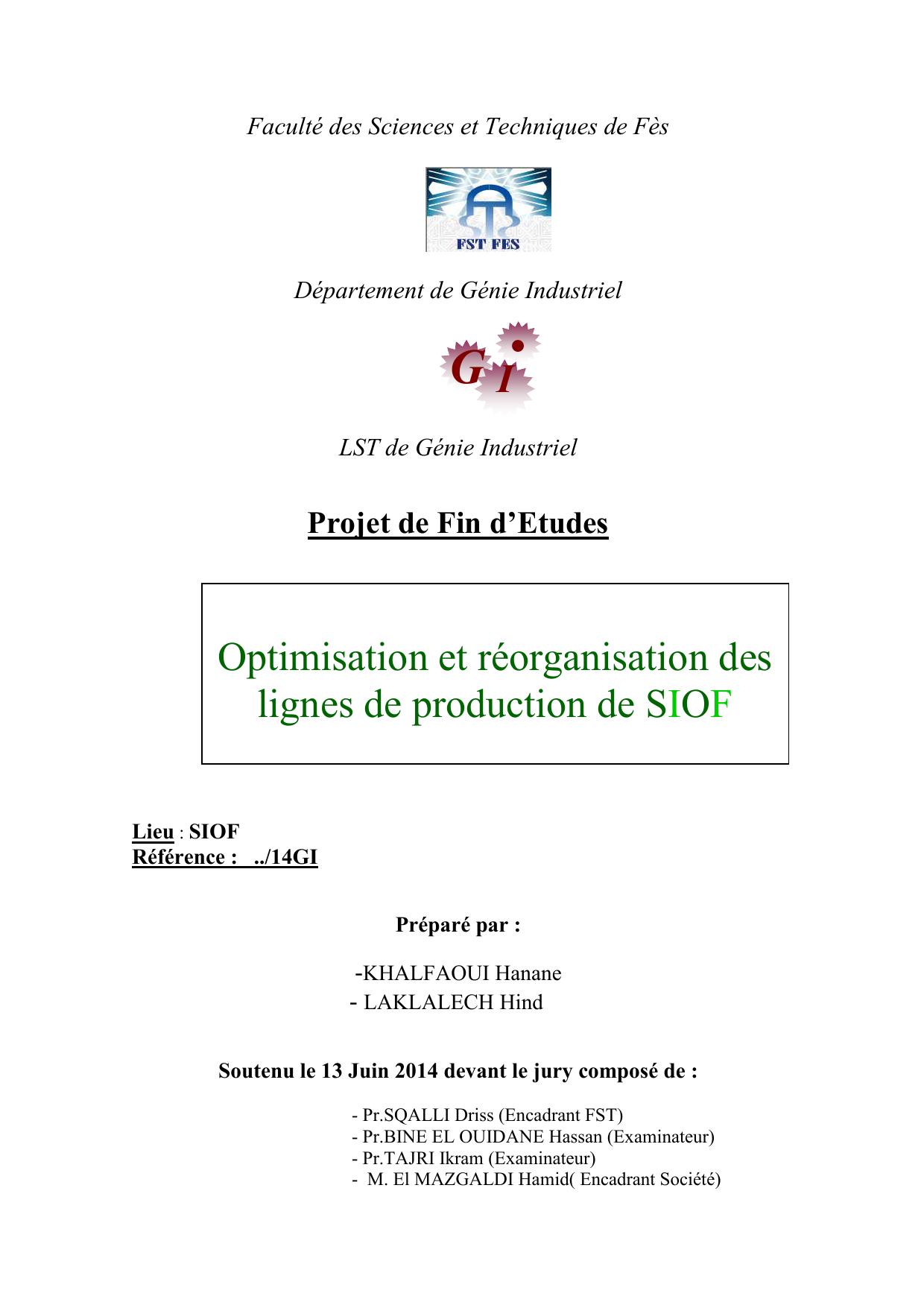 Optimisation et réorganisation des lignes de production de SIOF