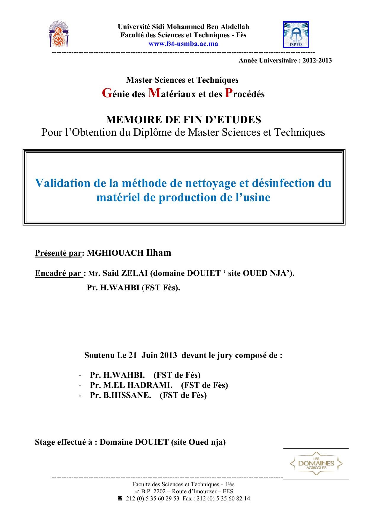 Validation de la méthode de nettoyage et désinfection du matériel de production de l’usine