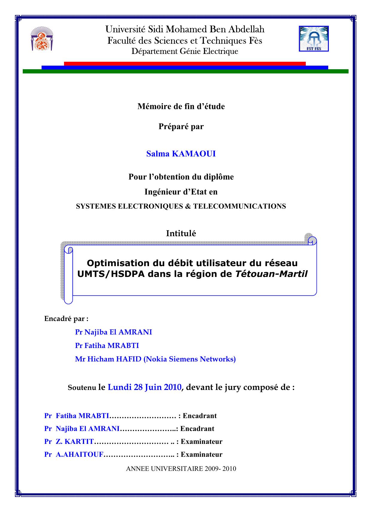 Optimisation du débit utilisateur du réseau UMTS/HSDPA dans la région de Tétouan-Martil