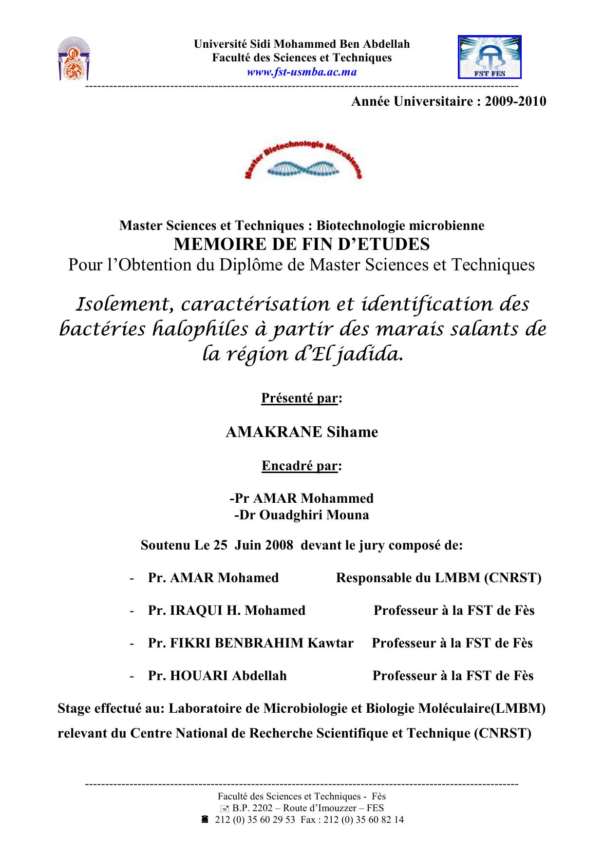 Isolement, caractérisation et identification des bactéries halophiles à partir des marais salants de la région d’El jadida