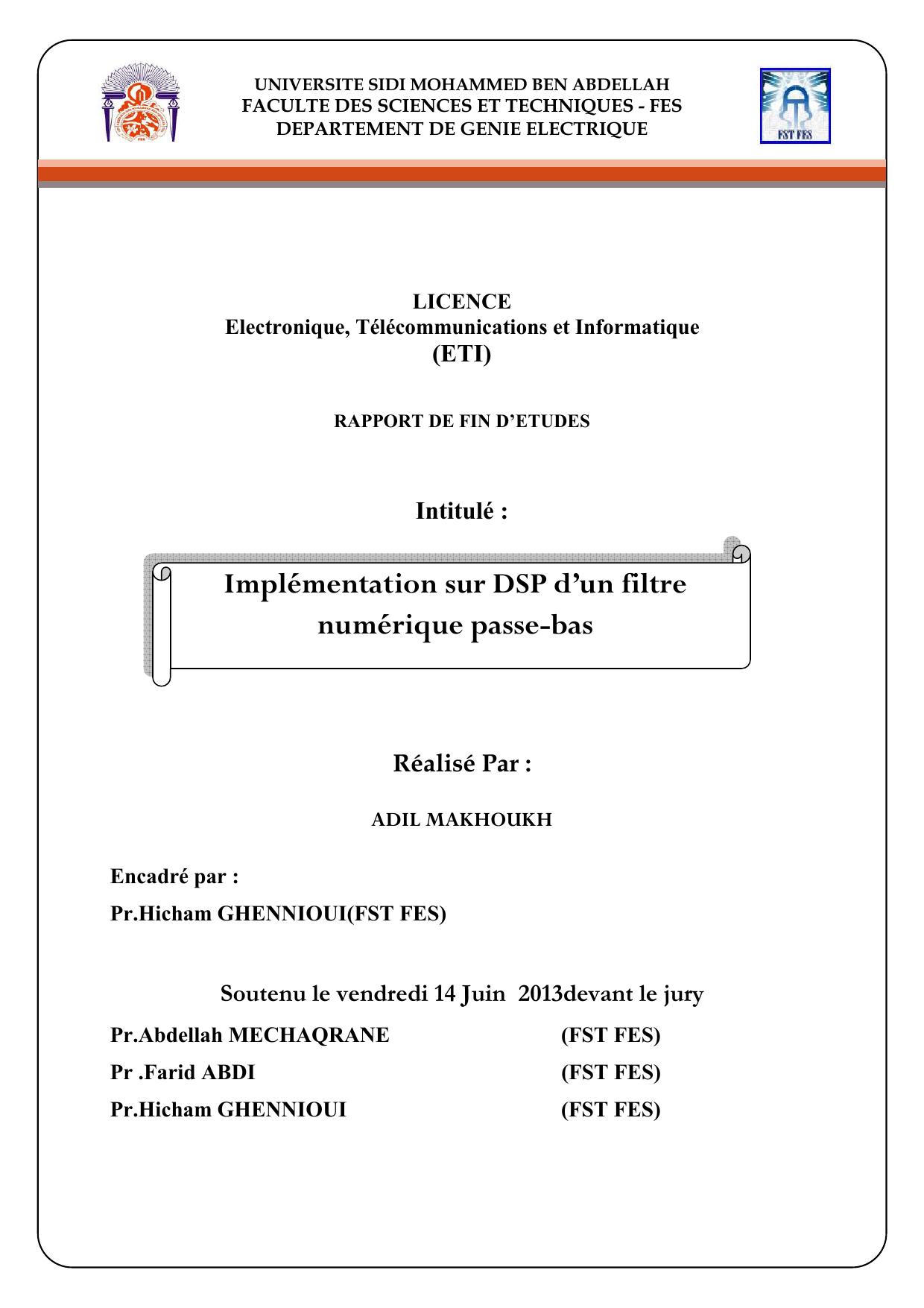 Implémentation sur DSP d’un filtre numérique passe-bas