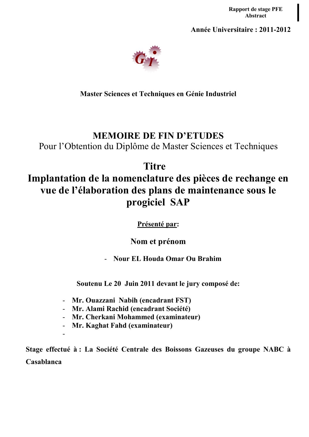 Implantation de la nomenclature des pièces de rechange en vue de l’élaboration des plans de maintenance sous le progiciel SAP