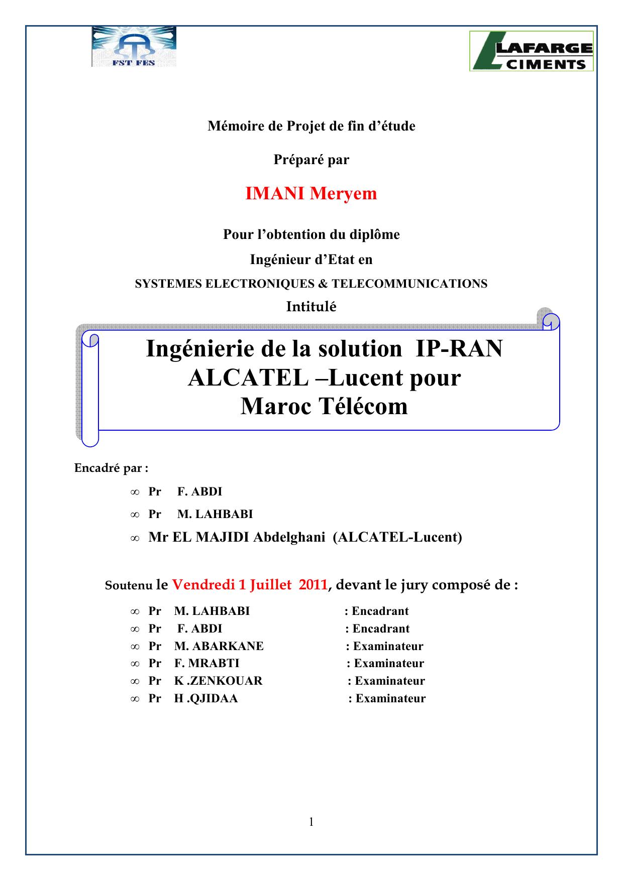 Ingénierie de la solution IP-RAN ALCATEL –Lucent pour Maroc Télécom