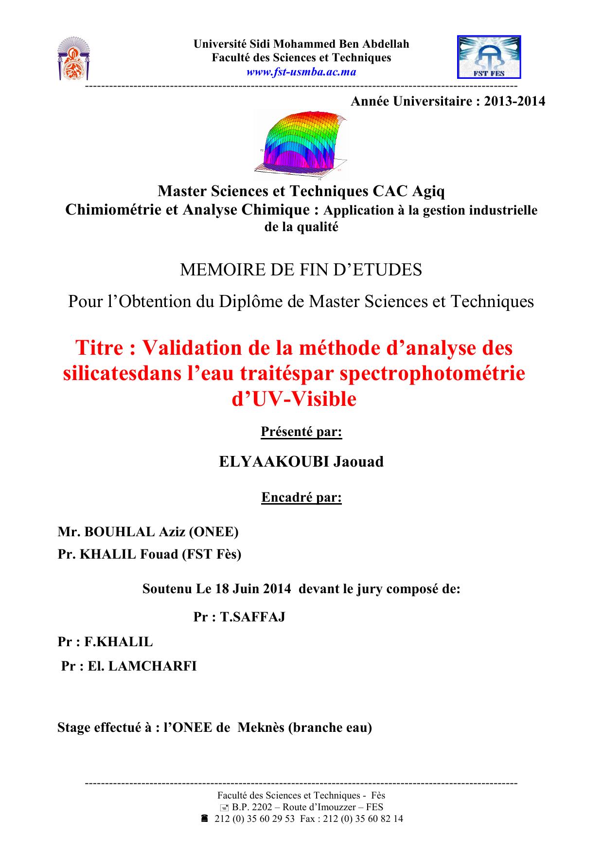 Validation de la méthode d’analyse des silicatesdans l’eau traitéspar spectrophotométrie d’UV-Visible