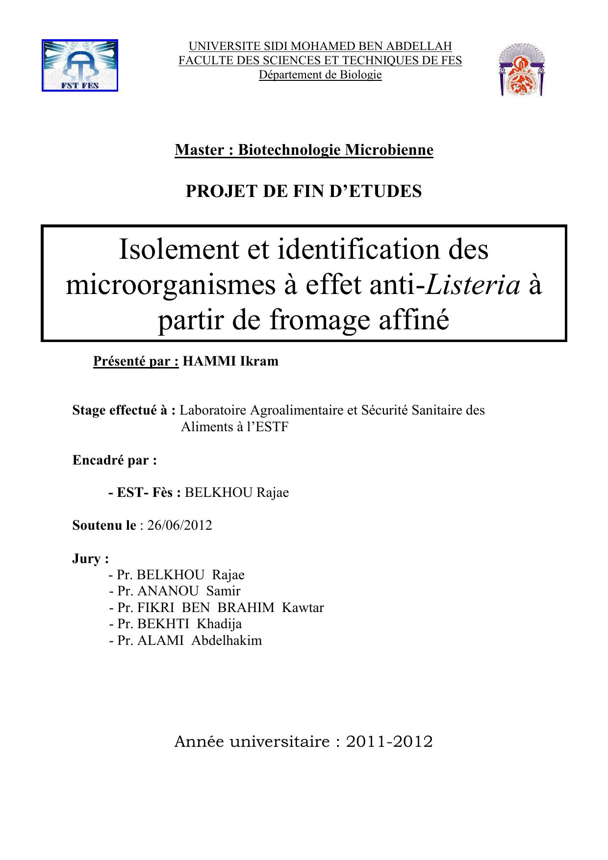 Isolement et identification des microorganismes à effet anti-Listeria à partir de fromage affiné