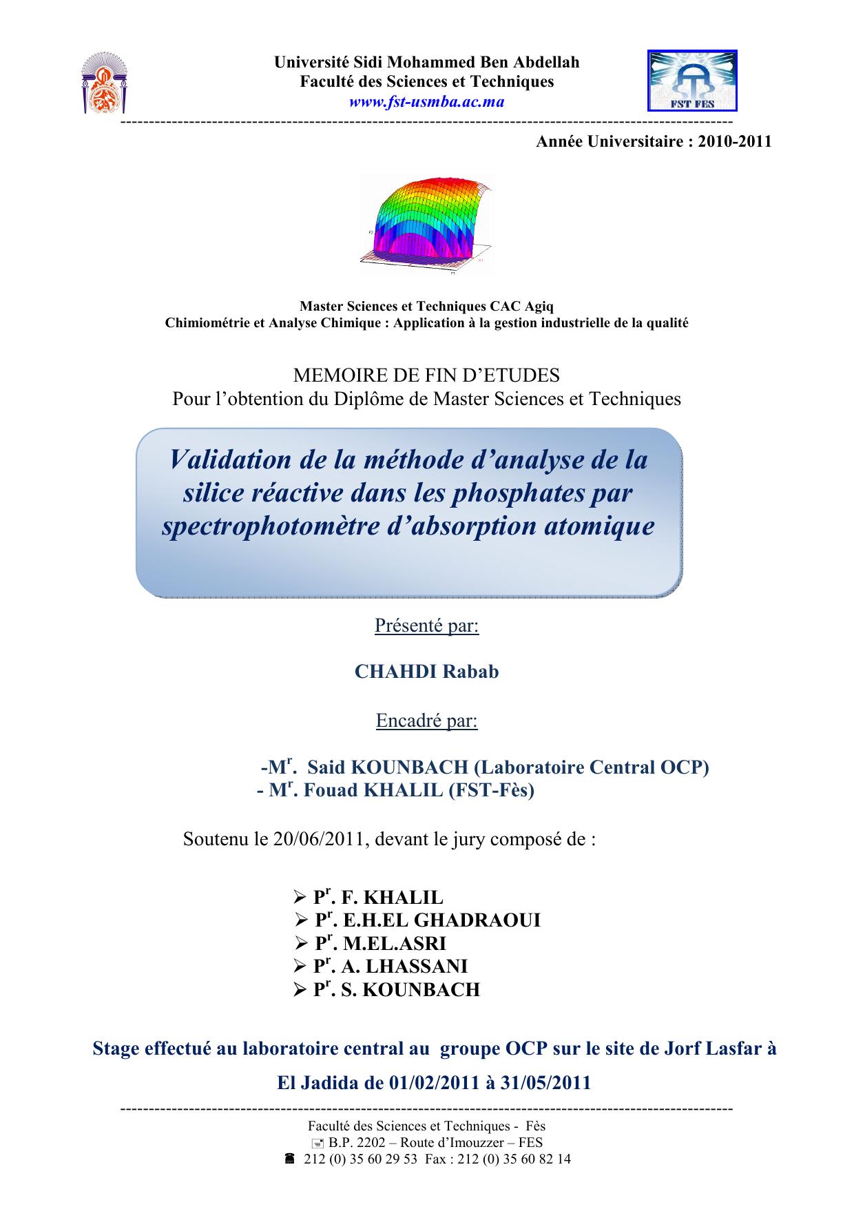 Validation de la méthode d’analyse de la silice réactive dans les phosphates par spectrophotomètre d’absorption atomique