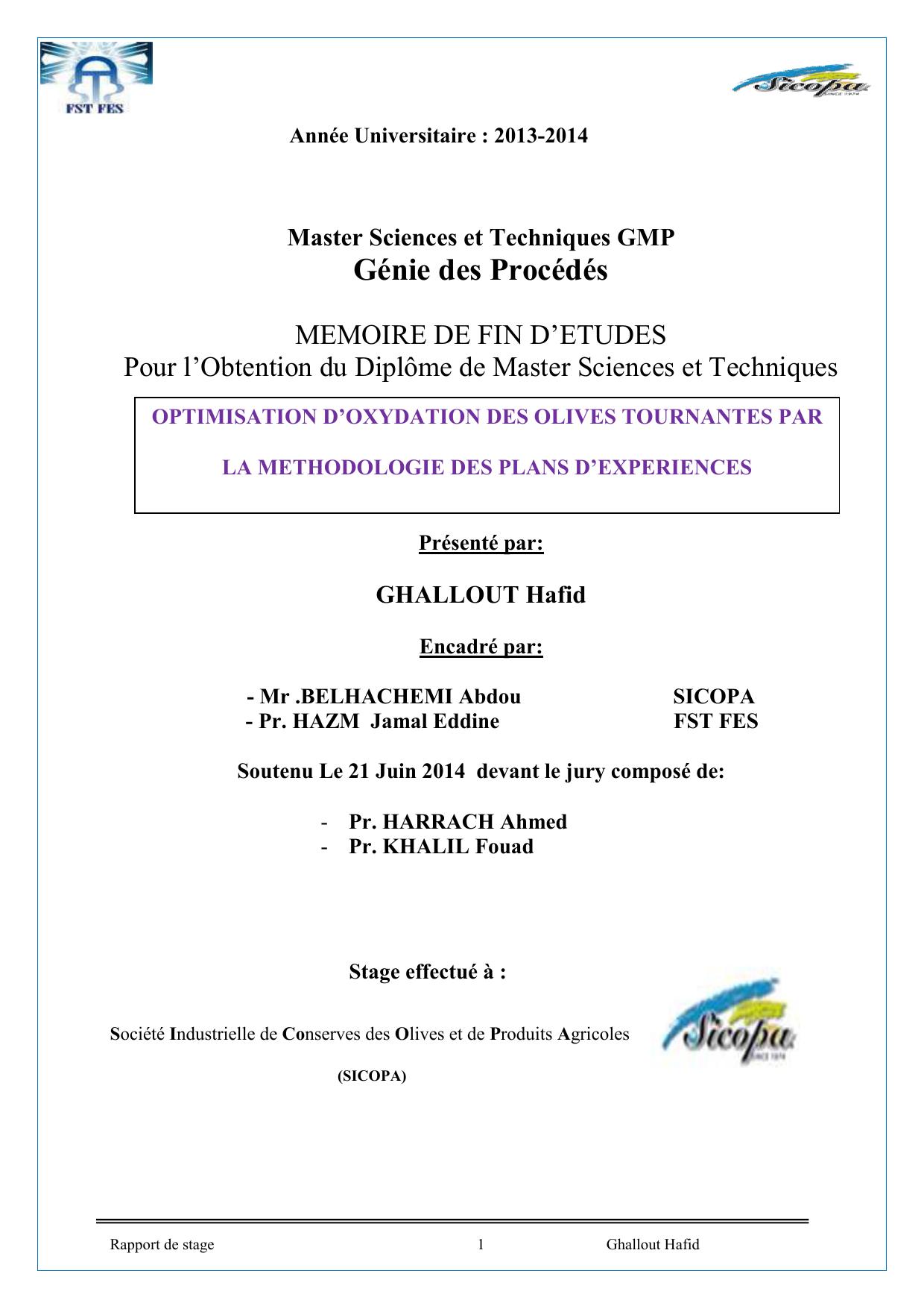 OPTIMISATION D’OXYDATION DES OLIVES TOURNANTES PAR LA METHODOLOGIE DES PLANS D’EXPERIENCES