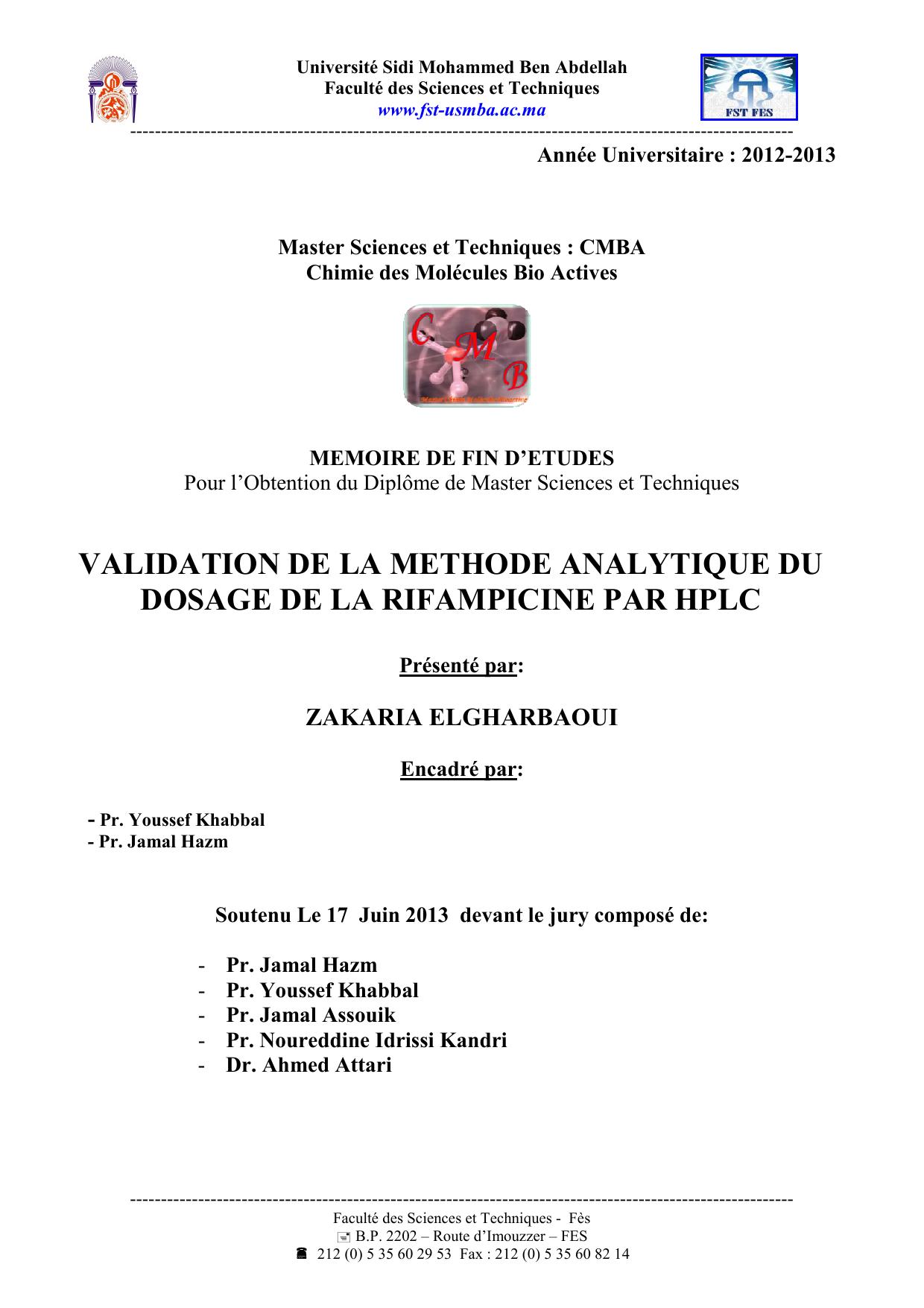 Validation de la méthode analytique du dosage de la rifampicine par HPLC