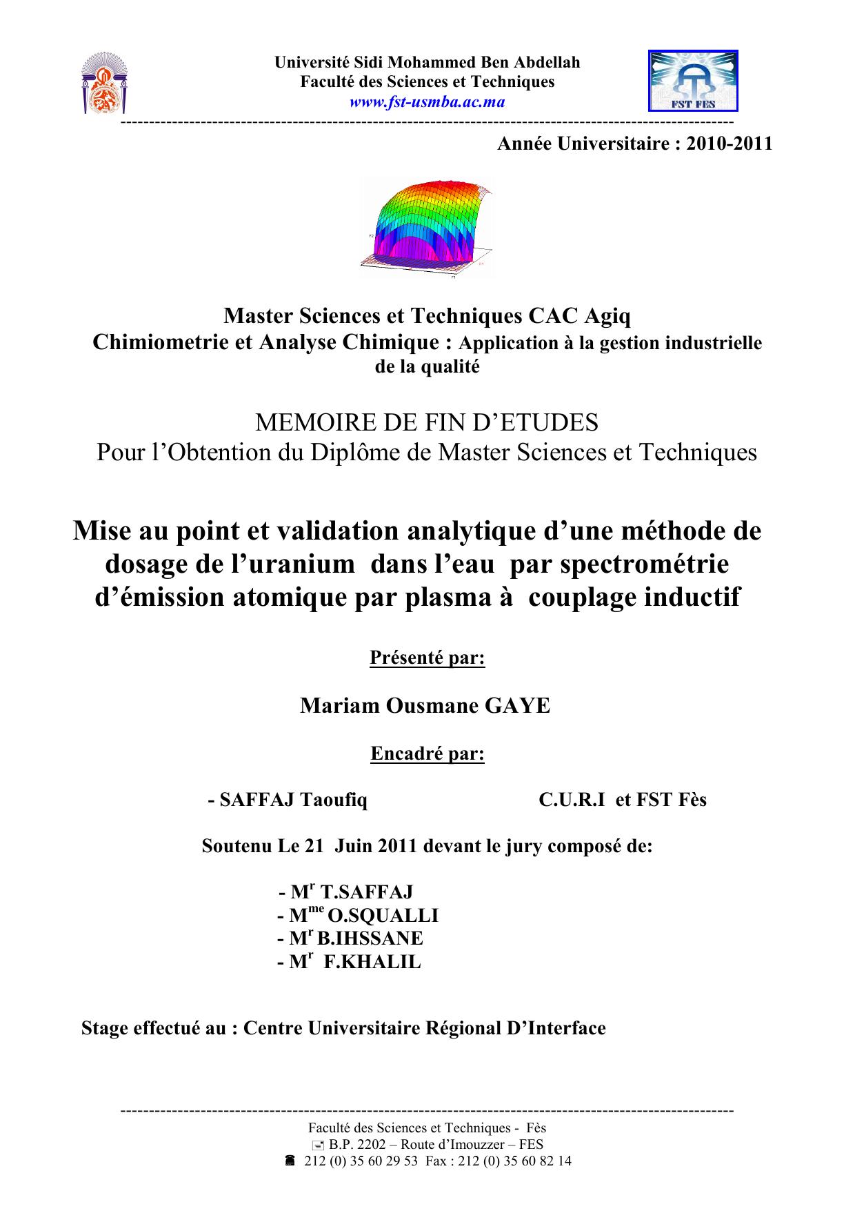 Mise au point et validation analytique d’une méthode de dosage de l’uranium dans l’eau par spectrométrie d’émission atomique par plasma à couplage inductif