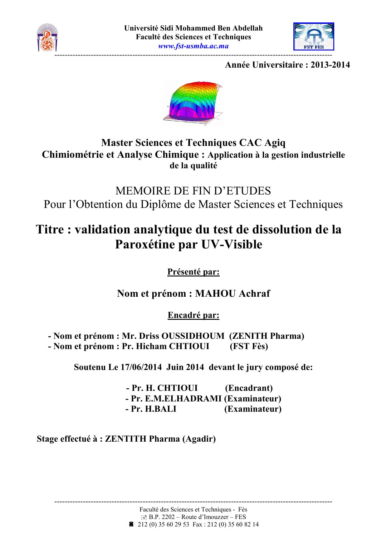 Validation analytique du test de dissolution de la Paroxétine par UV-Visible