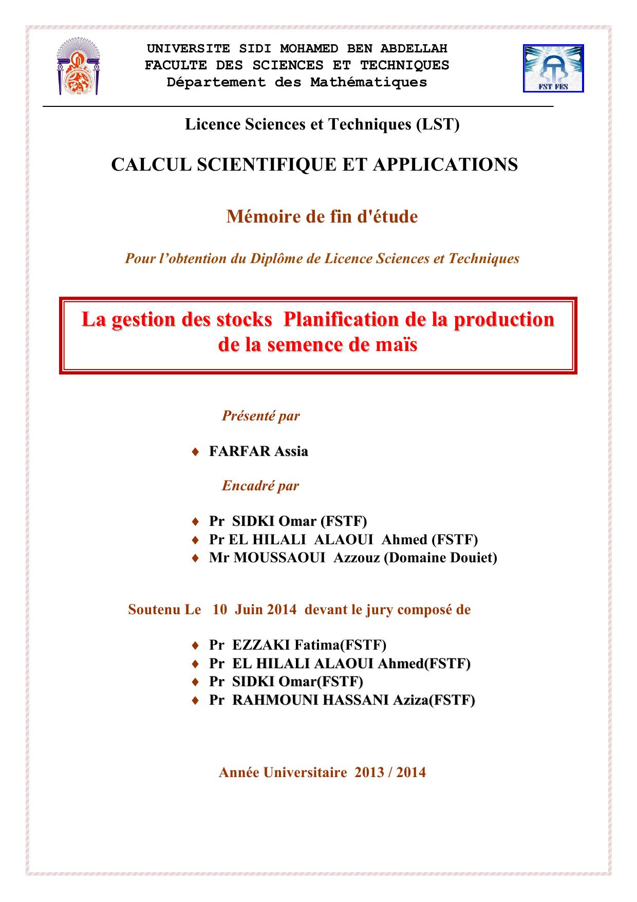 La gestion des stocks Planification de la production de la semence de maïs