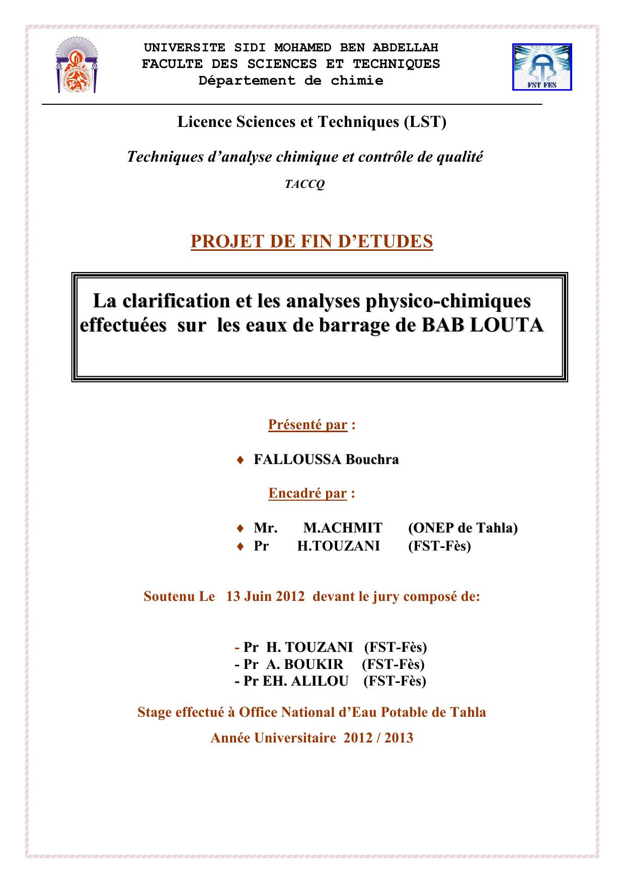 La clarification et les analyses physico-chimiques effectuées sur les eaux de barrage de BAB LOUTA