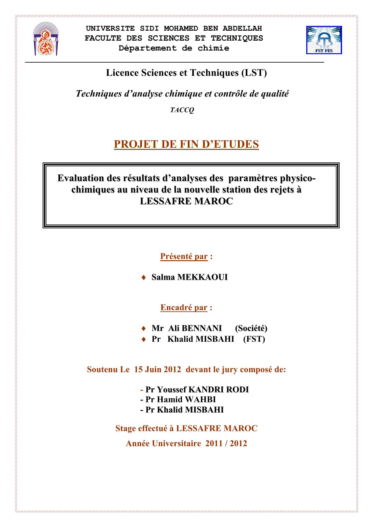 Evaluation des résultats d’analyses des paramètres physicochimiques au niveau de la nouvelle station des rejets à LESSAFRE MAROC