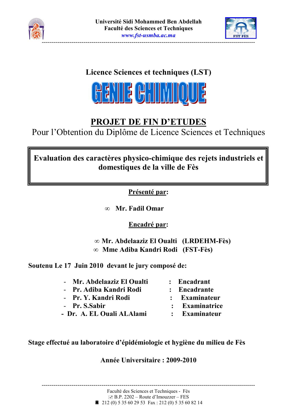 Evaluation des caractères physico-chimique des rejets industriels et domestiques de la ville de Fès