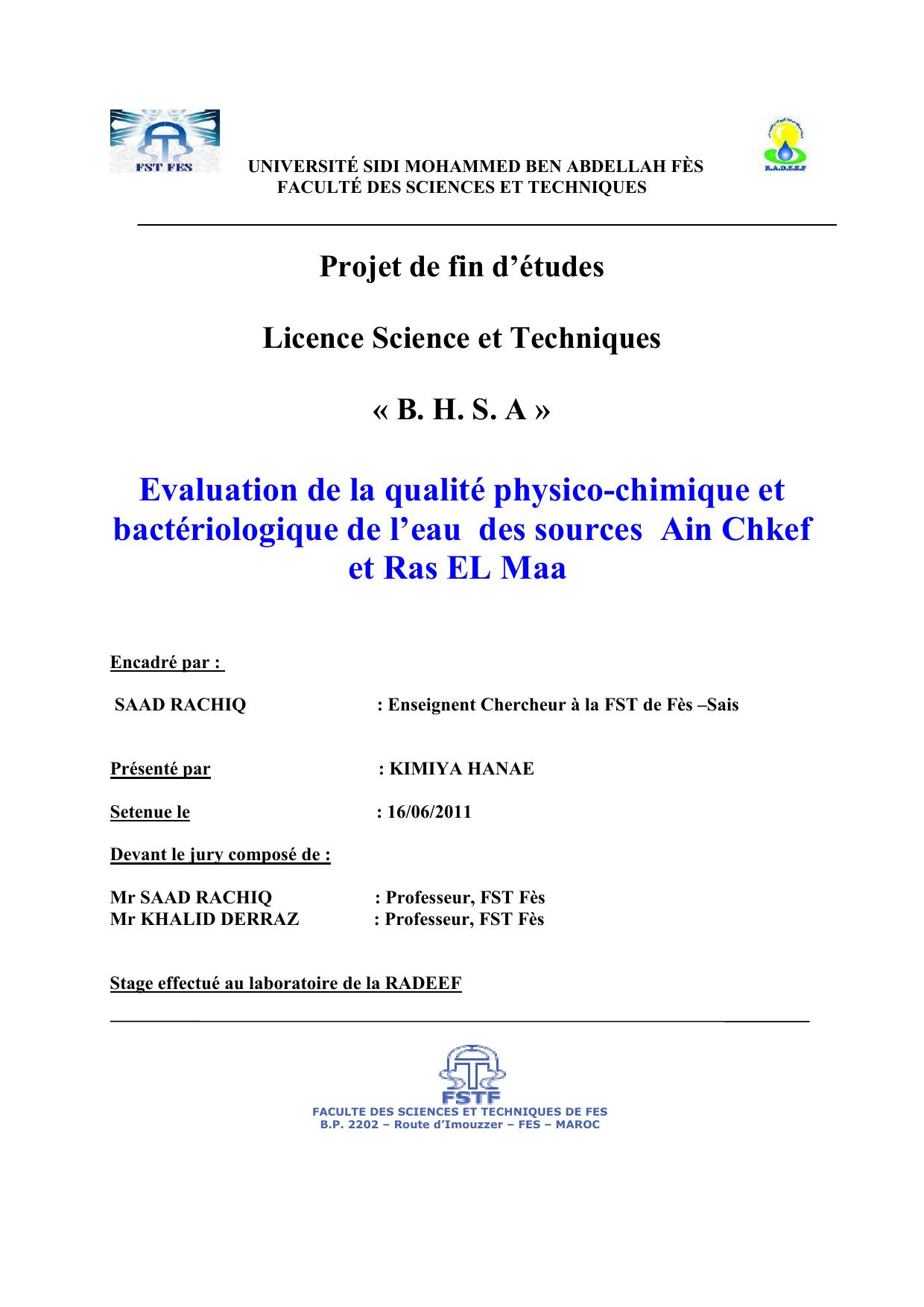 Evaluation de la qualité physico-chimique et bactériologique de l’eau des sources Ain Chkef et Ras EL Maa