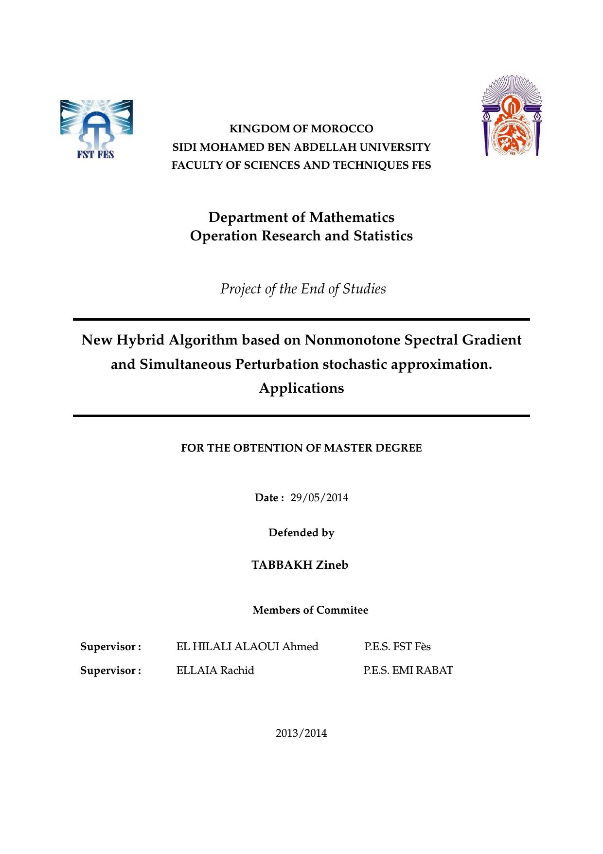 New Hybrid Algorithm based on Nonmonotone Spectral Gradient and Simultaneous Perturbation stochastic approximation. Applications