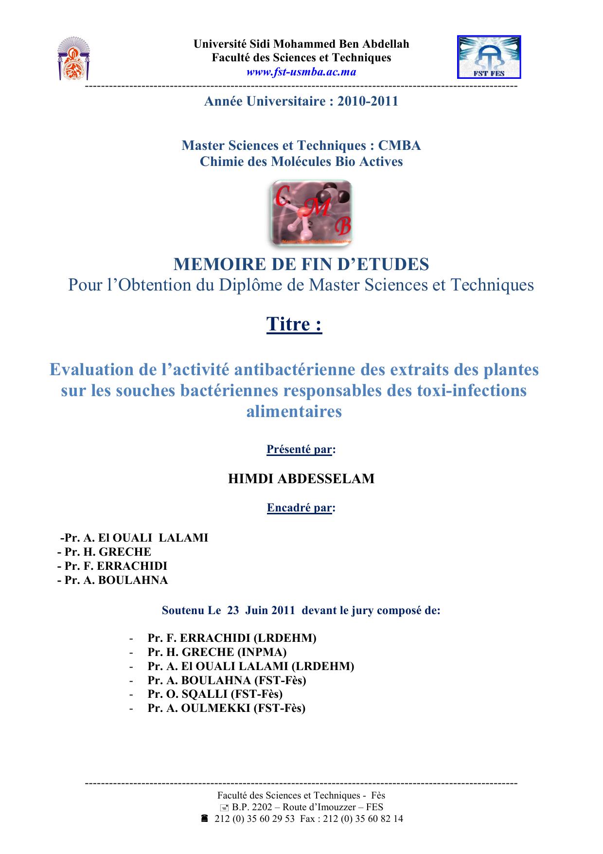 Evaluation de l’activité antibactérienne des extraits des plantes sur les souches bactériennes responsables des toxi-infections alimentaires