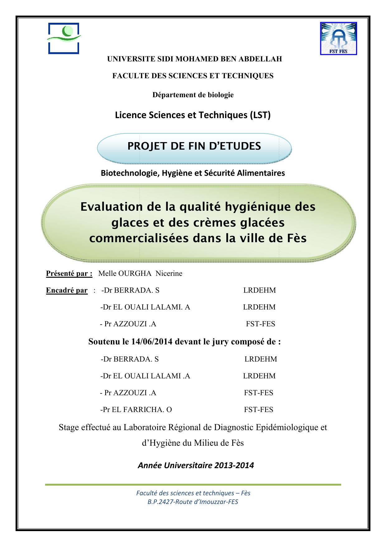 Evaluation de la qualité hygiénique des glaces et des crèmes glacées commercialisées dans la ville de Fès