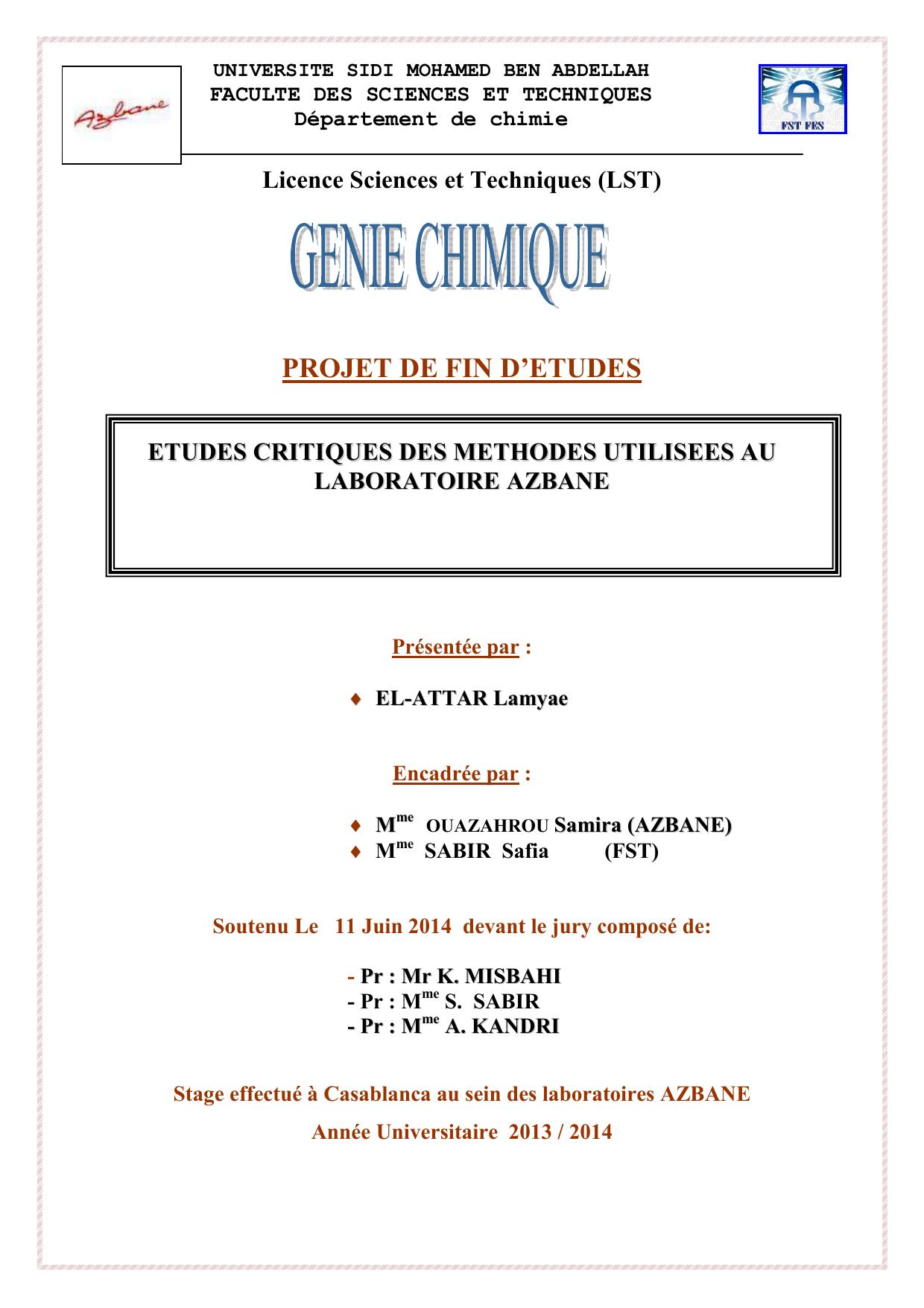 ETUDES CRITIQUES DES METHODES UTILISEES AU LABORATOIRE AZBANE