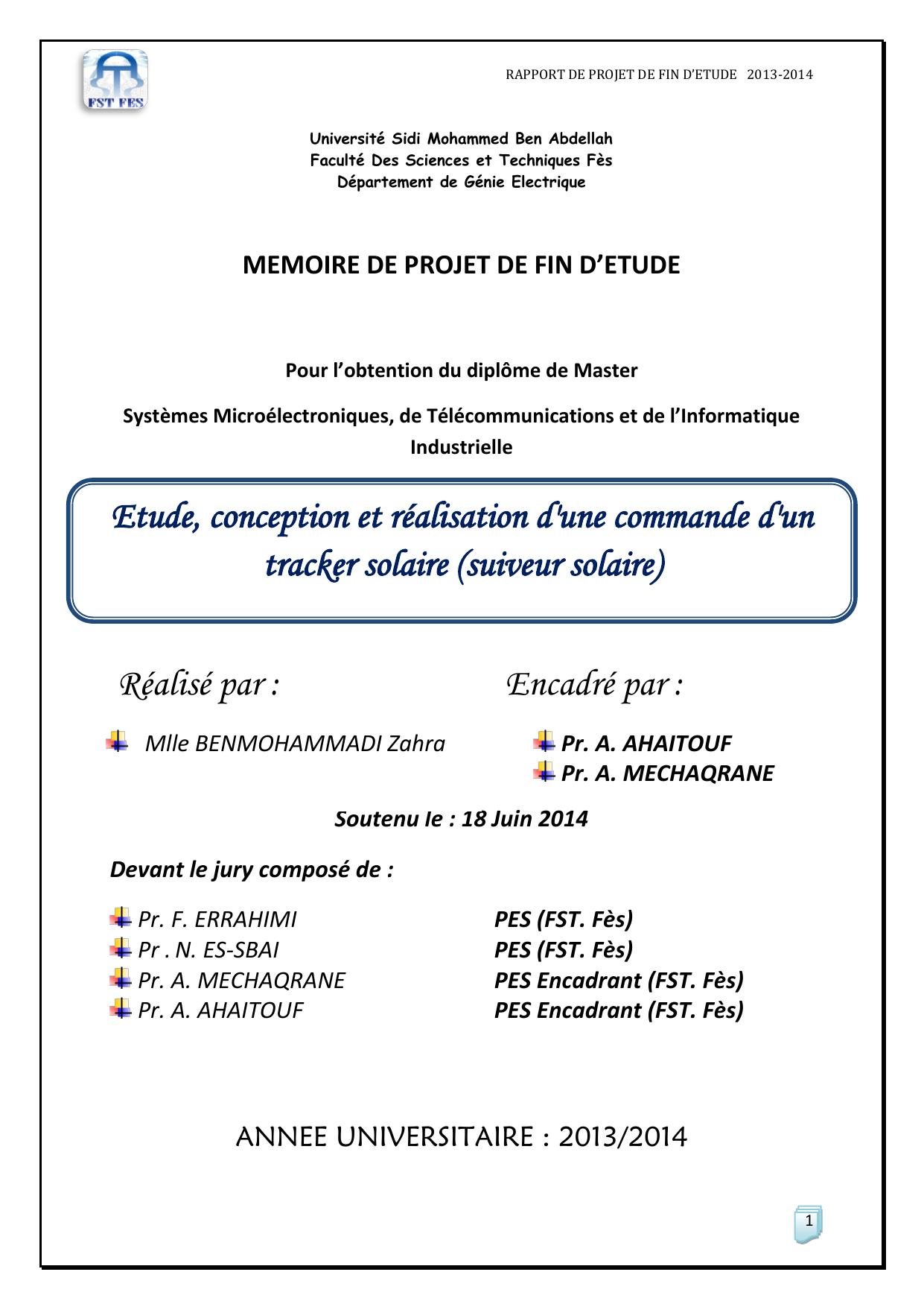 Etude, conception et réalisation d'une commande d'un tracker solaire (suiveur solaire)