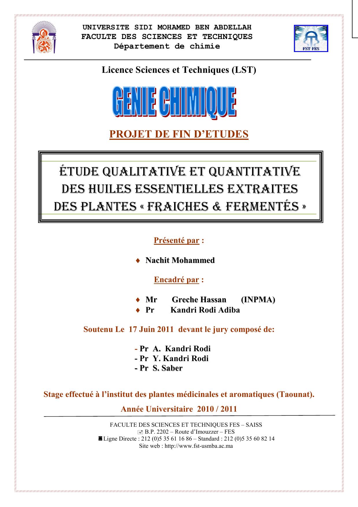 Etude qualitative et quantitative des huiles essentielles extraites des plantes fraiches et fermentés