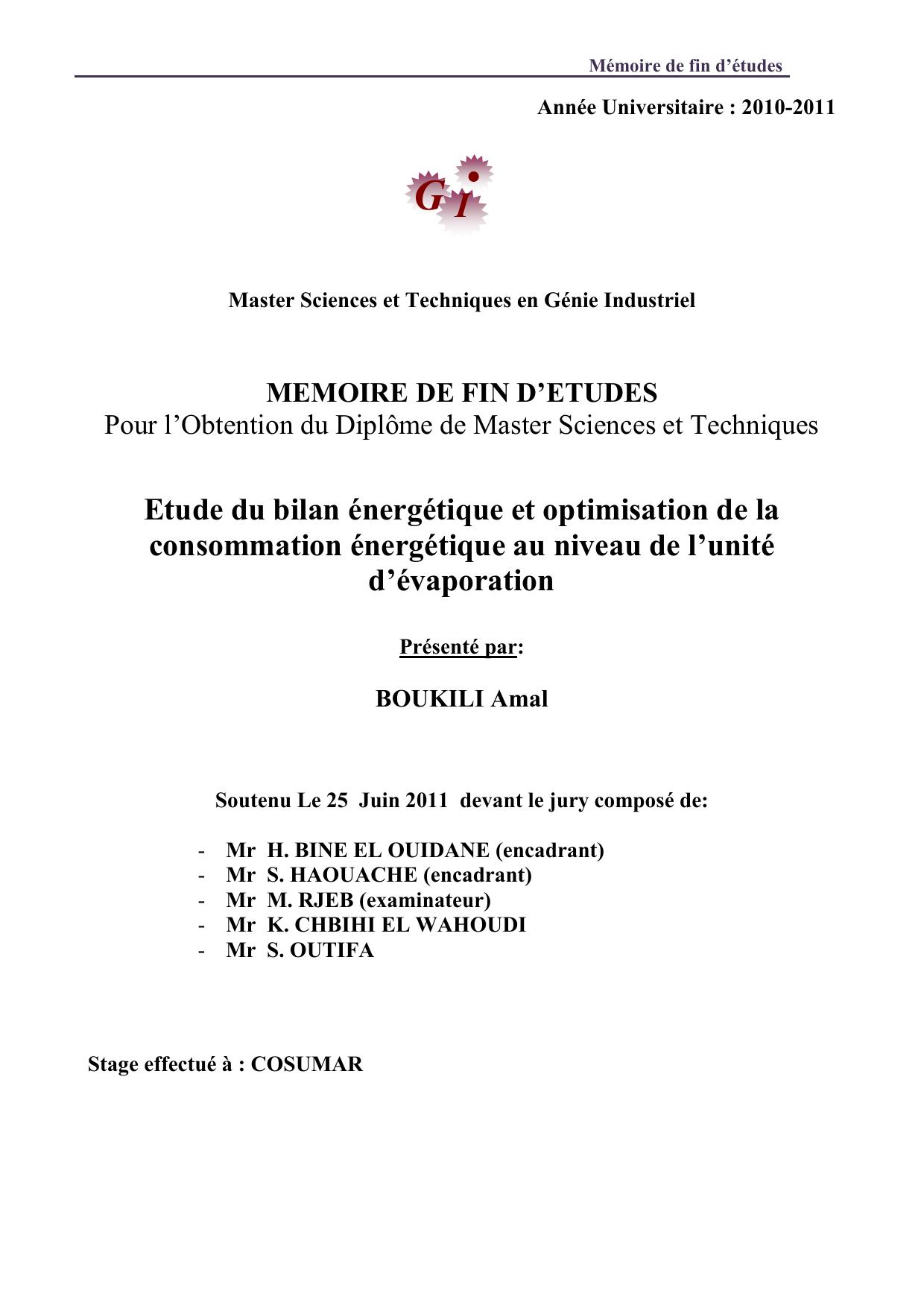 Etude du bilan énergétique et optimisation de la consommation énergétique au niveau de l’unité d’évaporation