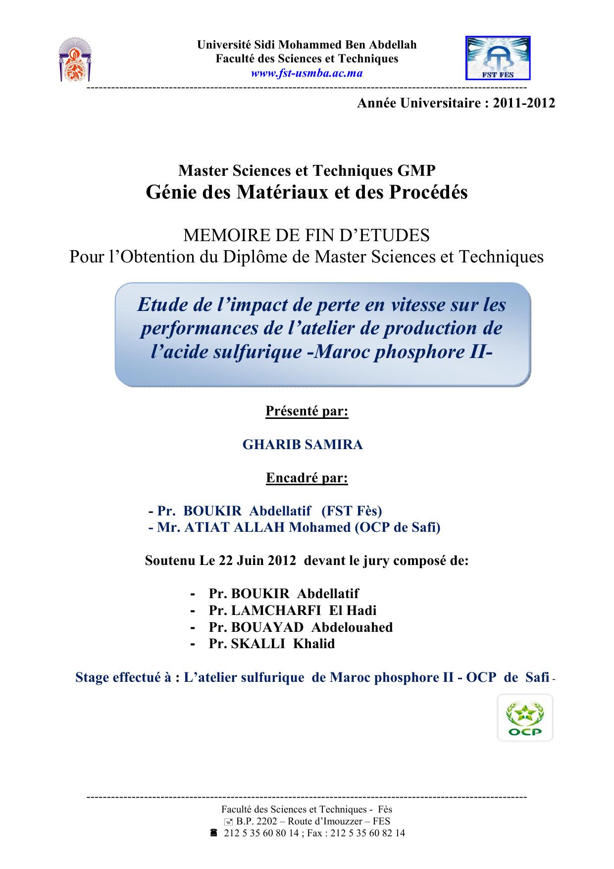 Etude de l’impact de perte en vitesse sur les performances de l’atelier de production de l’acide sulfurique -Maroc phosphore II