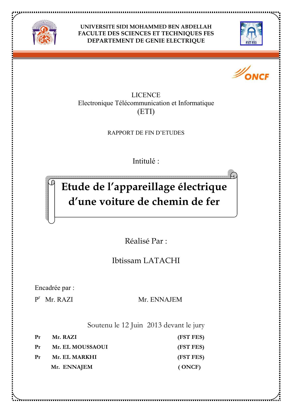 Etude de l’appareillage électrique d’une voiture de chemin de fer