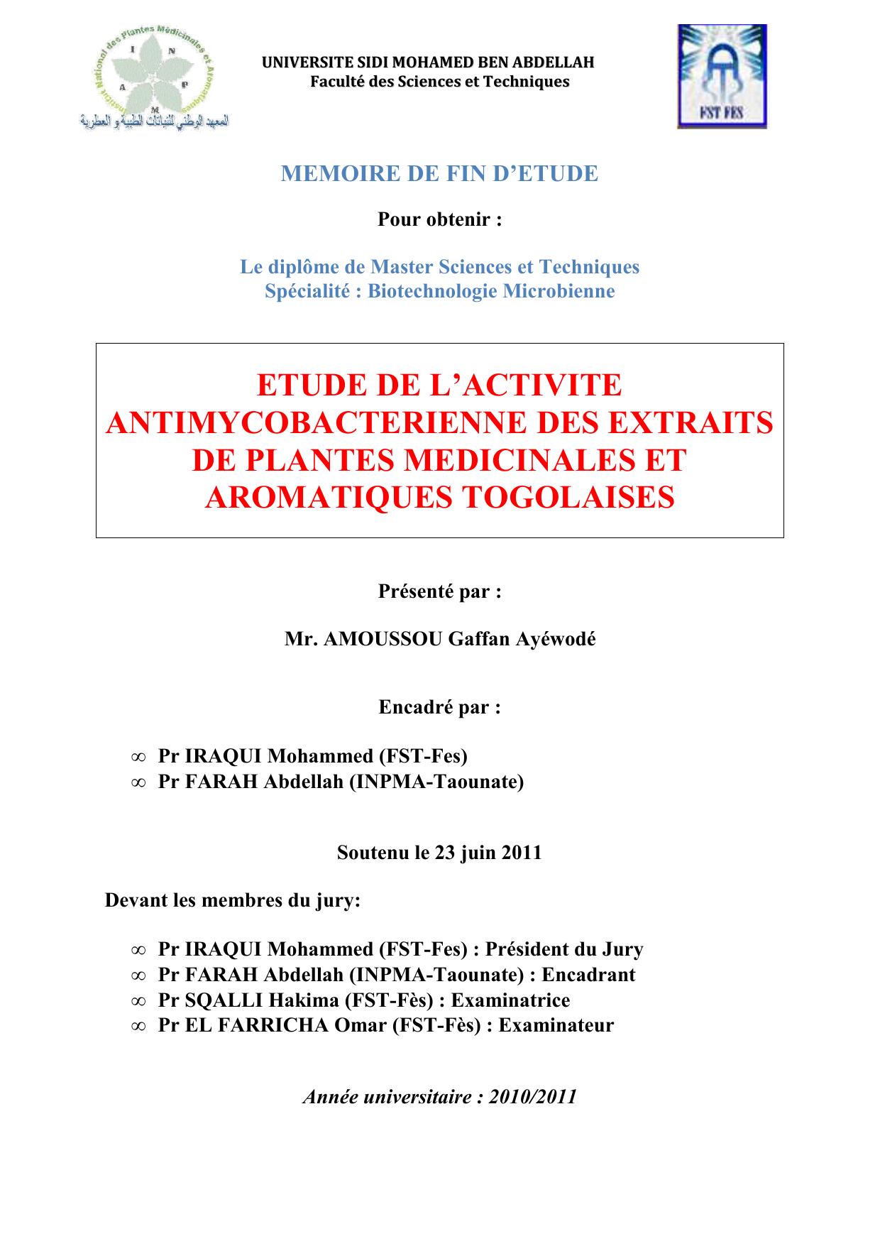 ETUDE DE L’ACTIVITE ANTIMYCOBACTERIENNE DES EXTRAITS DE PLANTES MEDICINALES ET AROMATIQUES TOGOLAISES