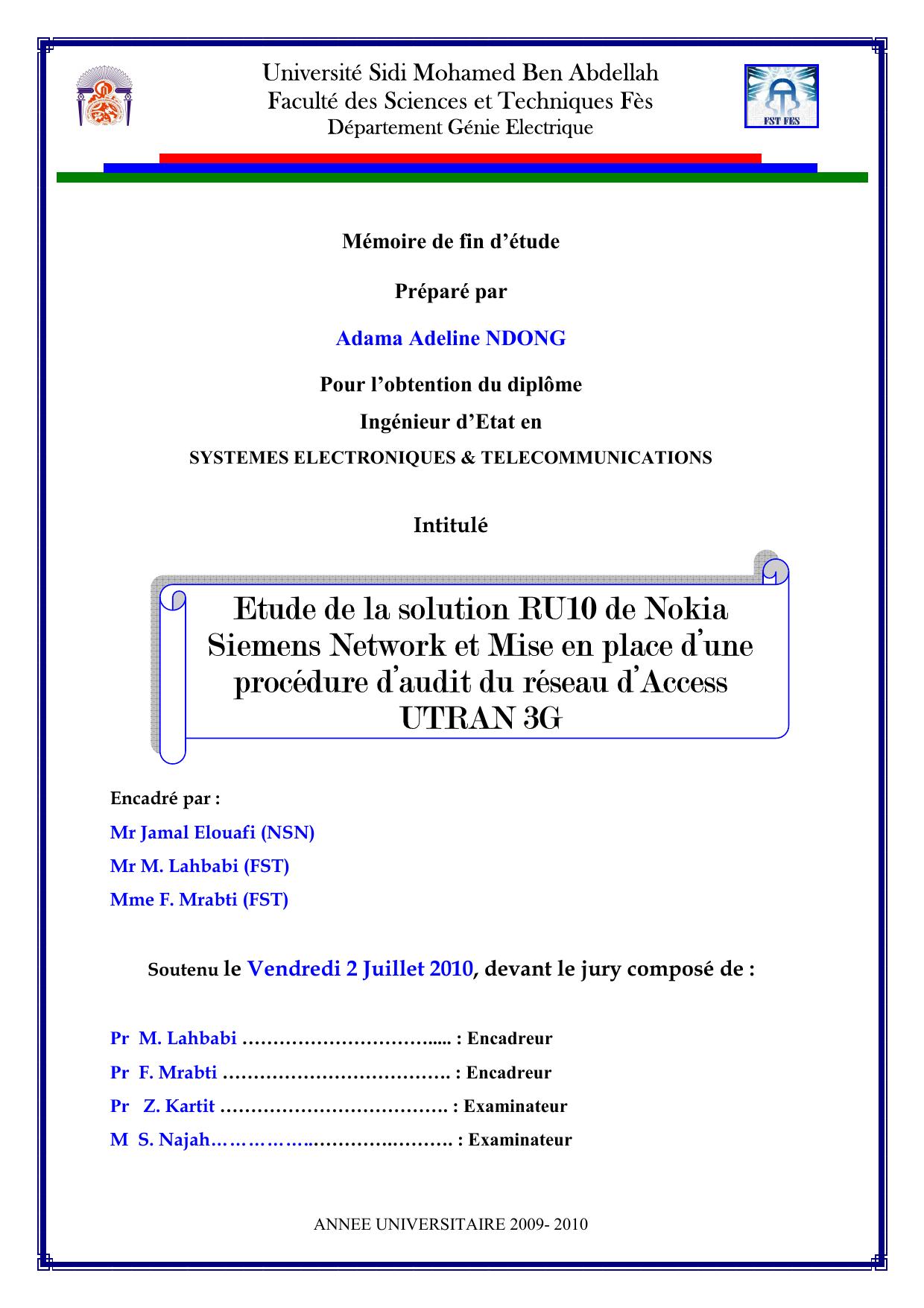 Etude de la solution RU10 de Nokia Siemens Network et Mise en place d’une procédure d’audit du réseau d’Access UTRAN 3G