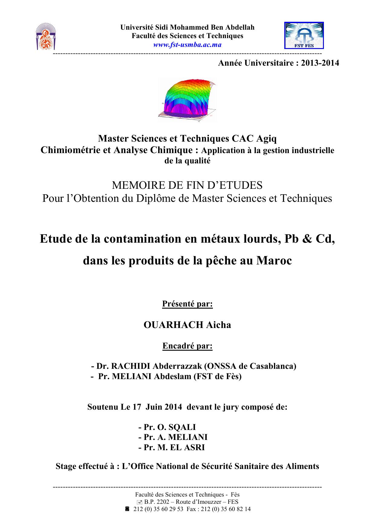 Etude de la contamination en métaux lourds, Pb & Cd, dans les produits de la pêche au Maroc