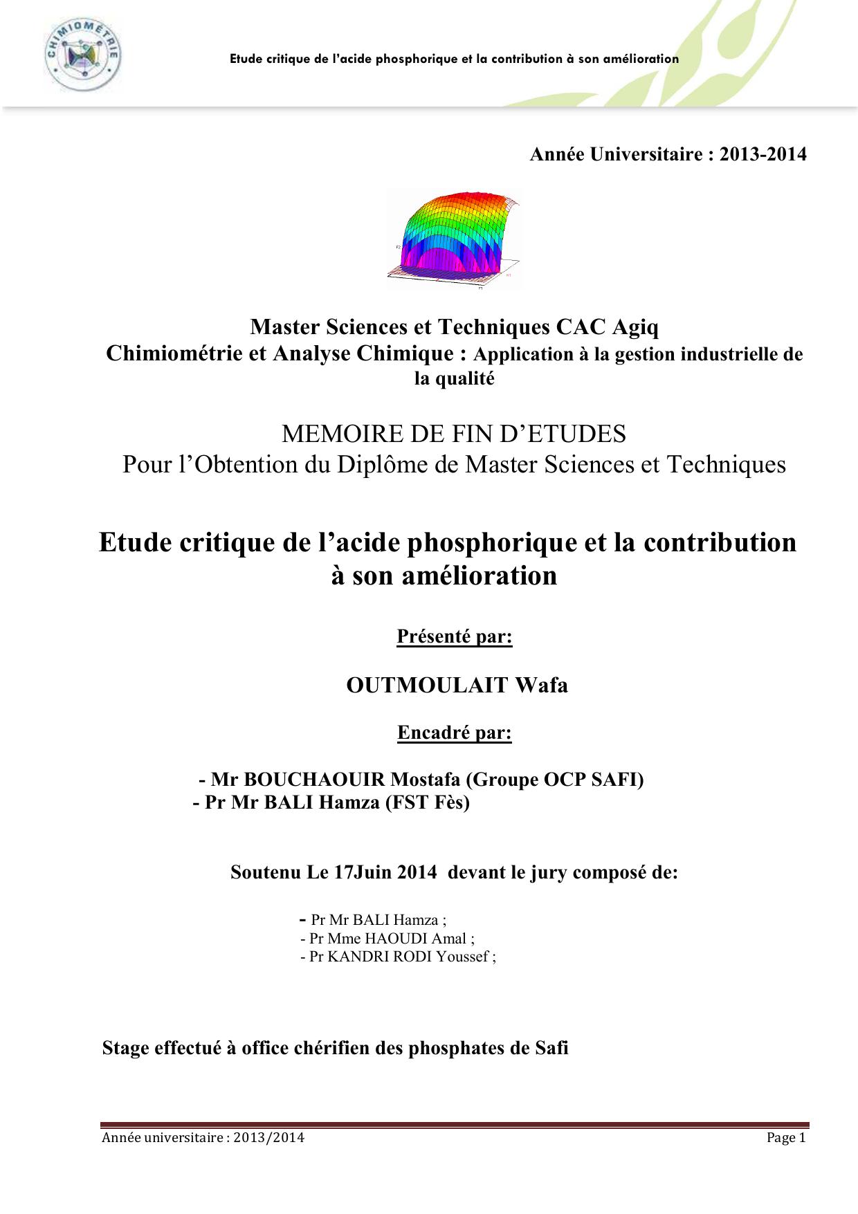 Etude critique de l’acide phosphorique et la contribution à son amélioration