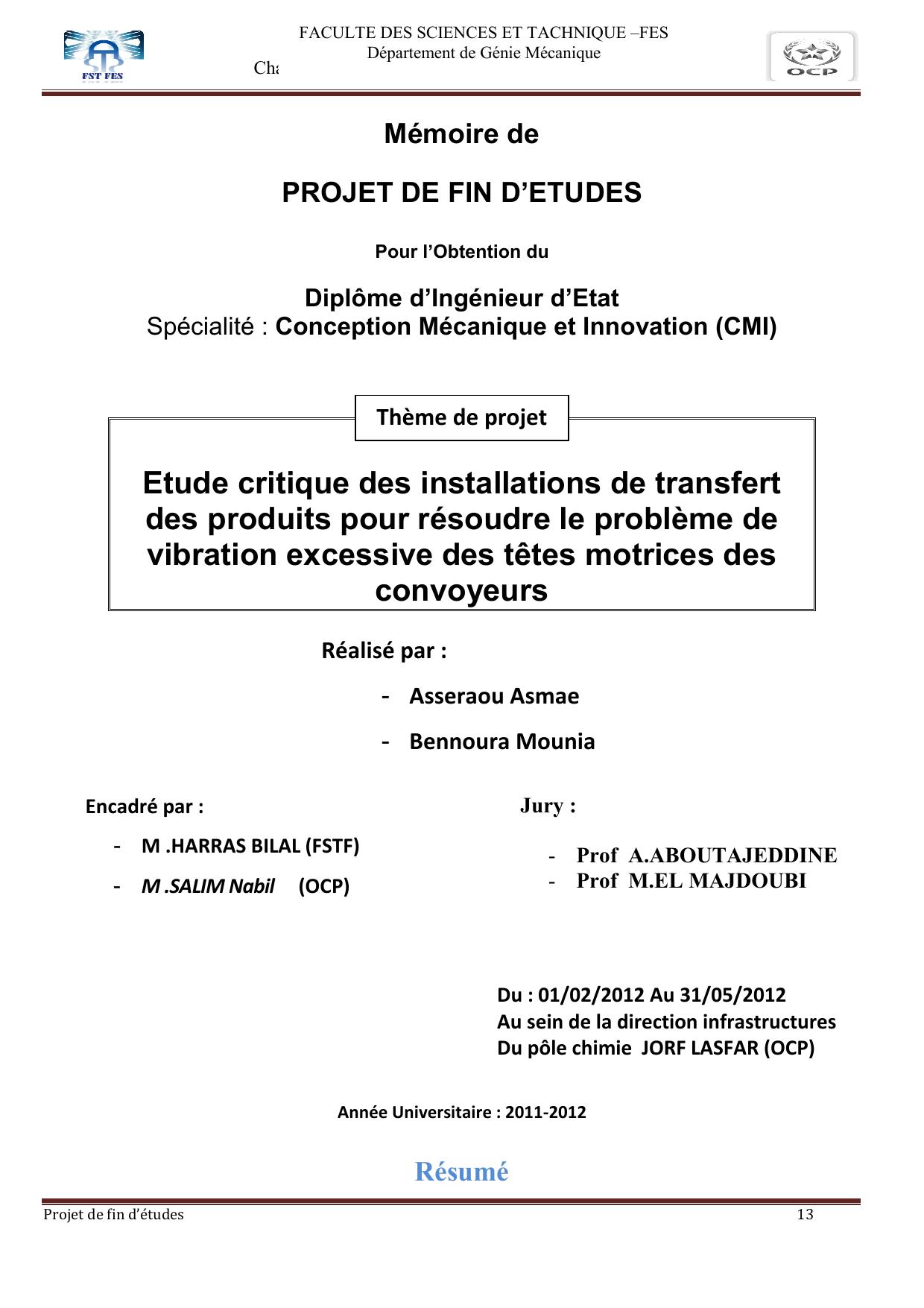 Etude critique des installations de transfert des produits pour résoudre le problème de vibration excessive des têtes motrices des convoyeurs