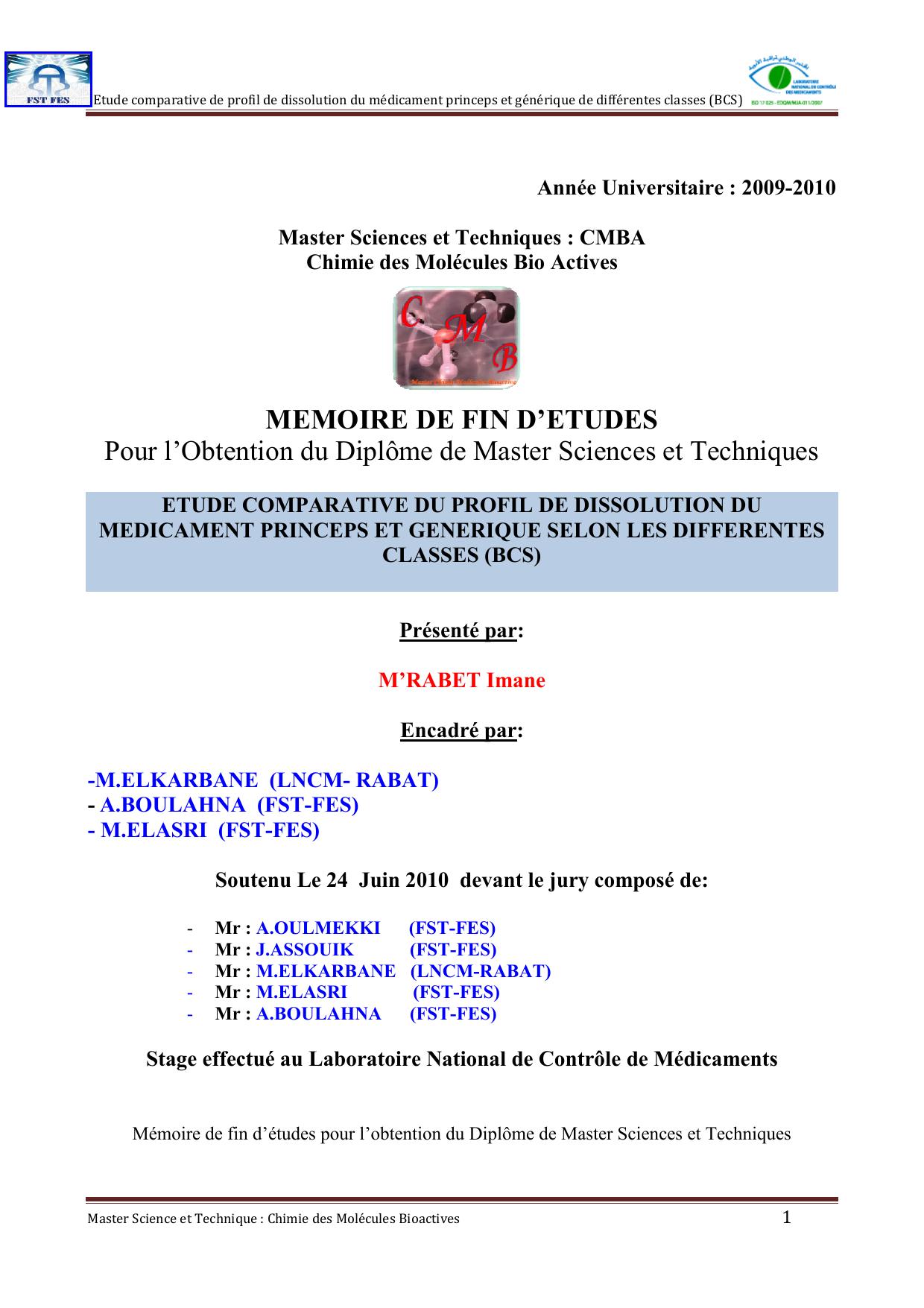 Etude comparative du profil de dissolution du médicament princeps et générique selon les différentes classes (BCS)