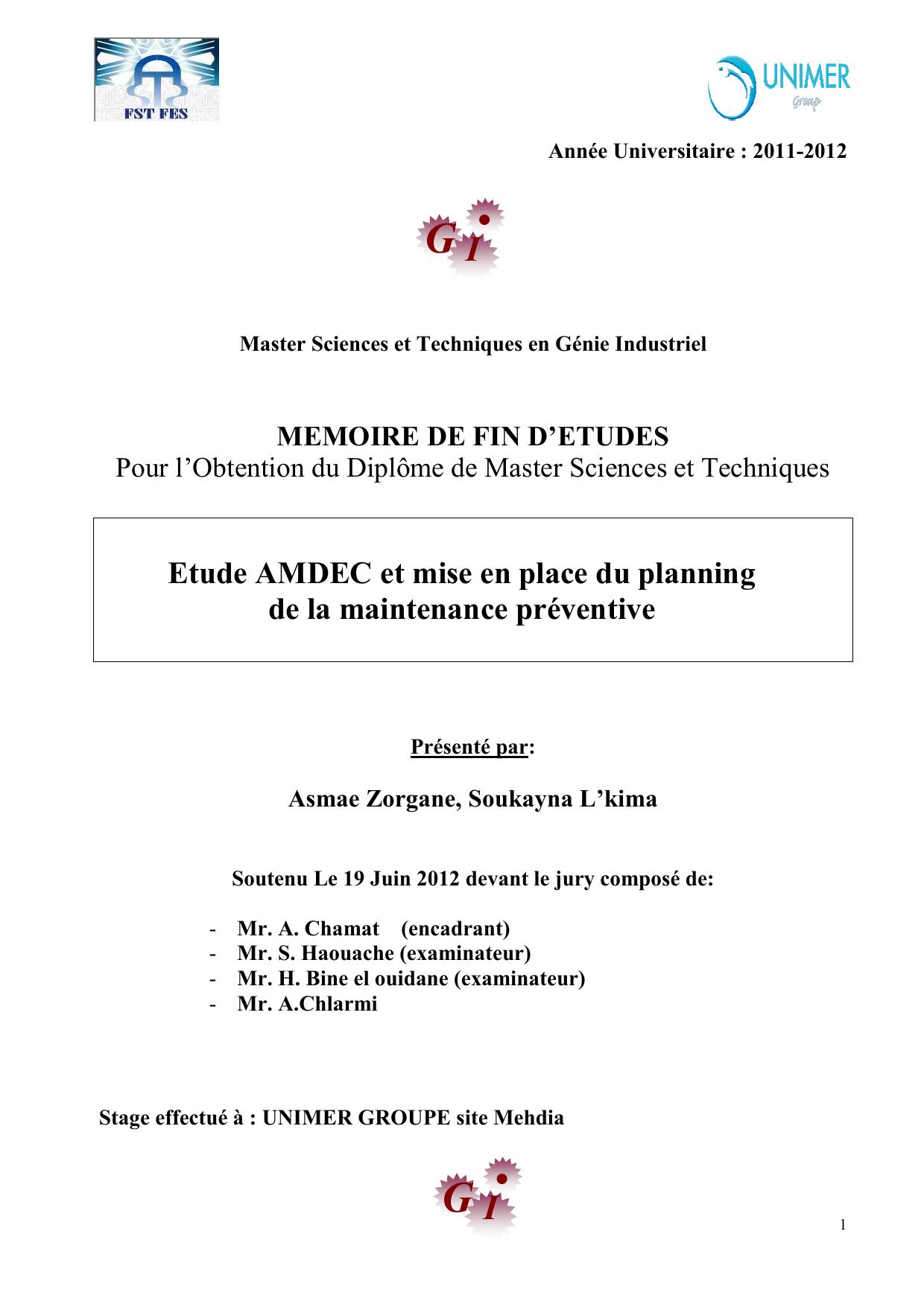 Etude AMDEC et mise en place du planning de la maintenance préventive