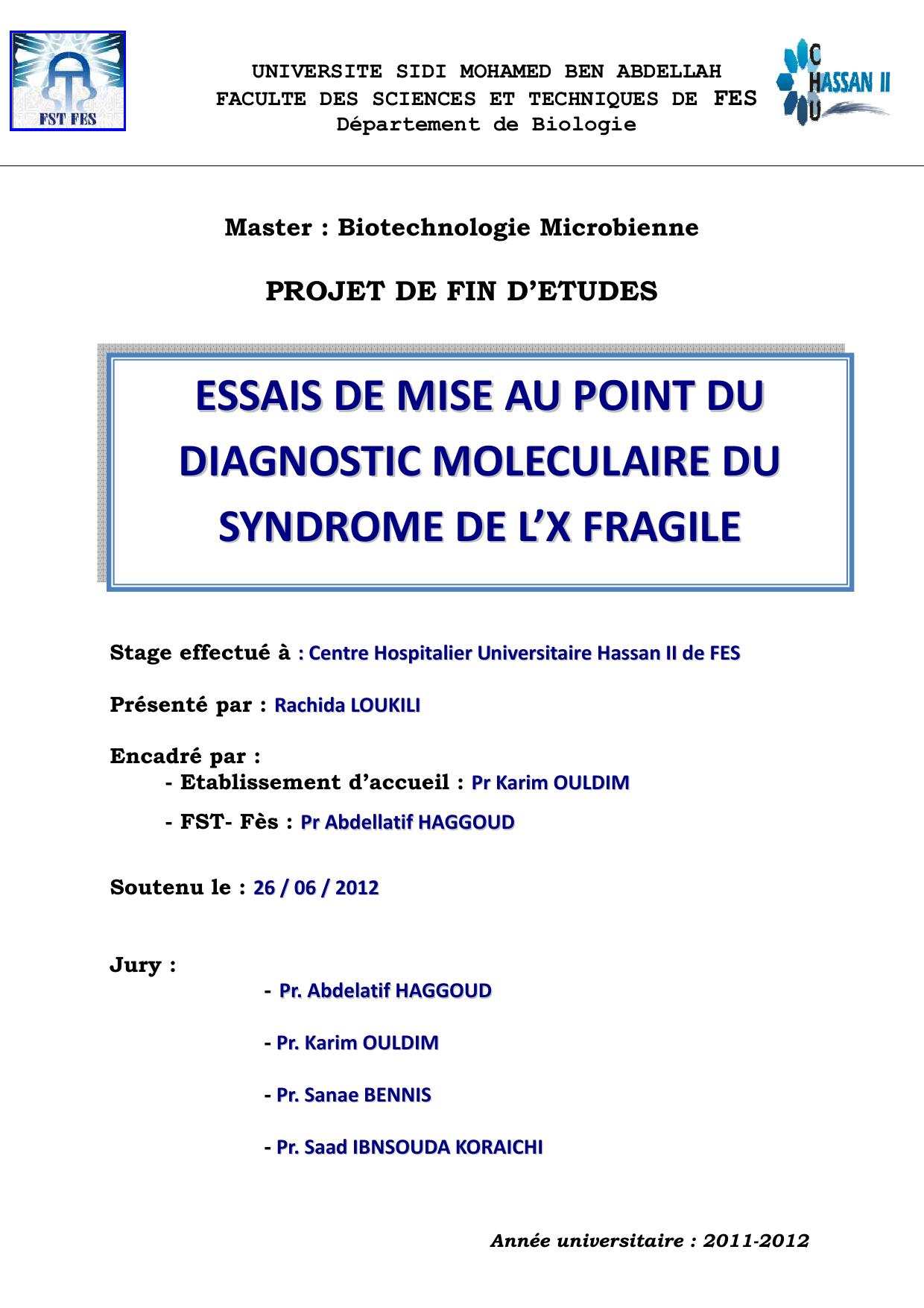 ESSAIIS DE MIISE AU POIINT DU DIIAGNOSTIIC MOLECULAIIRE DU SYNDROME DE L’’X FRAGIILE