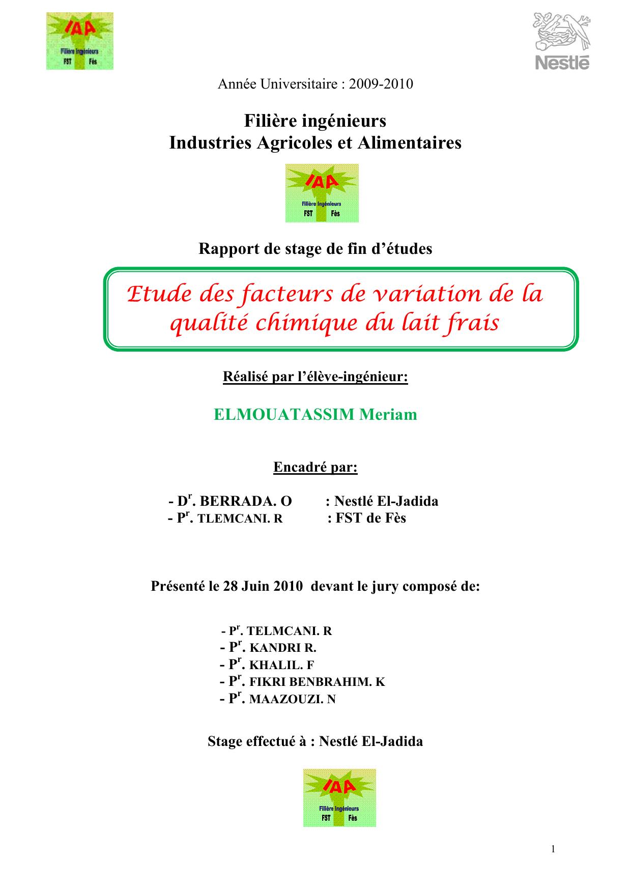 Etude des facteurs de variation de la qualité chimique du lait frais