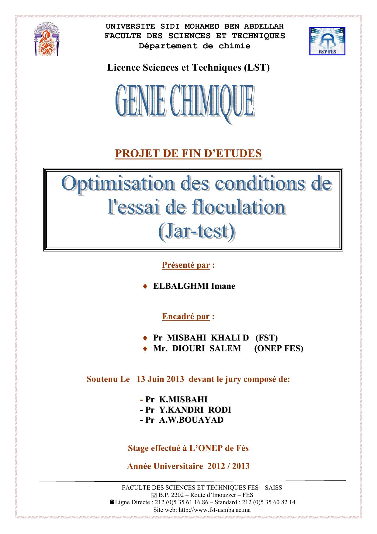 Optimisation des conditions de l'essai de floculation Jar Test