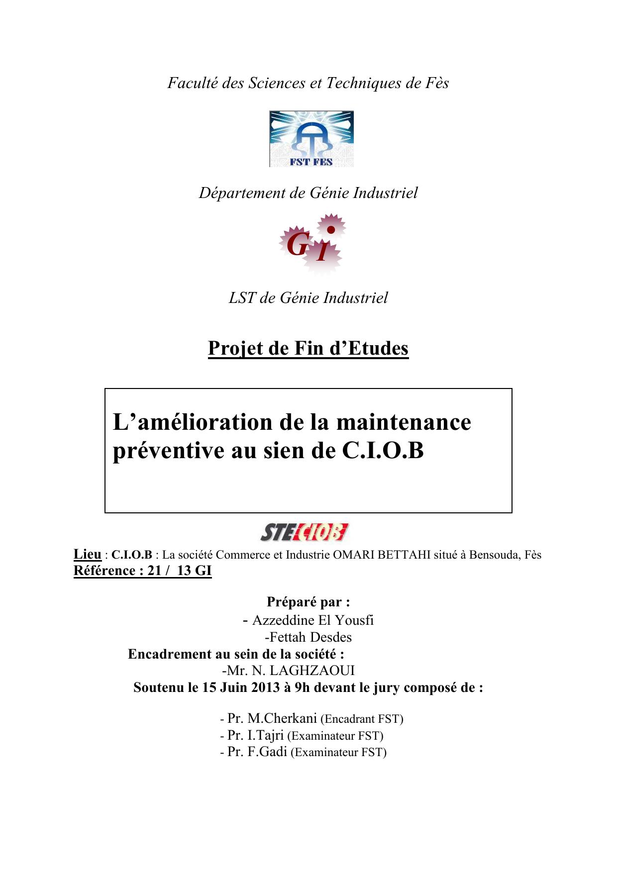 L’amélioration de la maintenance préventive au sien de C.I.O.B